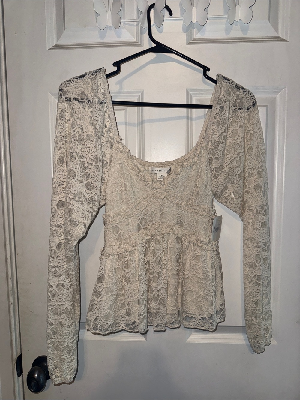 Altar'd State Cream Lace Peplum Scoop-Neck Blouse